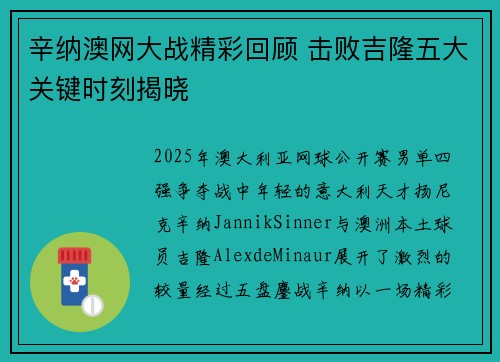 辛纳澳网大战精彩回顾 击败吉隆五大关键时刻揭晓