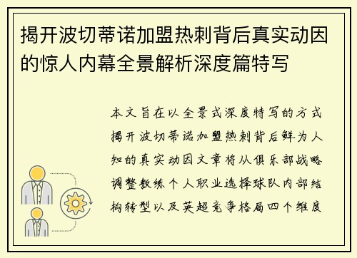 揭开波切蒂诺加盟热刺背后真实动因的惊人内幕全景解析深度篇特写